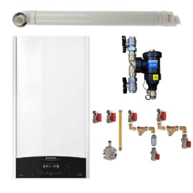 Pachet centrala termica murala Ariston GENUS ONE+ System 24 kW, in condensare, doar încălzire, cu filtru antimagnetita CALEFFI Dirtmag, kit montaj complet RTM si kit de evacuare RTM incluse
