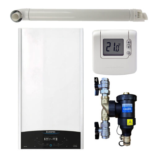 Pachet centrala termica murala Ariston GENUS ONE+ System 24 kW, in condensare, doar încălzire, termostat Honeywell Wireless DT92, filtru antimagnetita CALEFFI Dirtmag si kit de evacuare RTM incluse