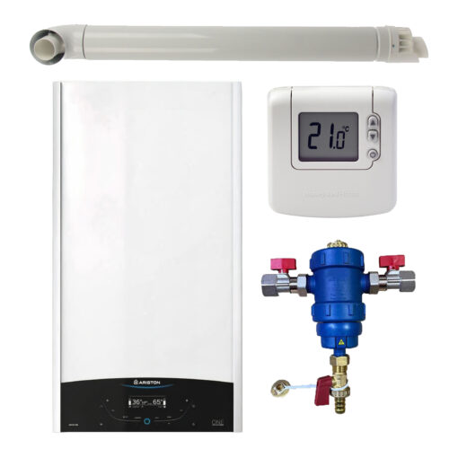Pachet centrala termica murala Ariston GENUS ONE+ System 30 kW, in condensare, doar încălzire, termostat Honeywell Wireless DT92, filtru antimagnetita RTM 3/4" si kit de evacuare RTM incluse