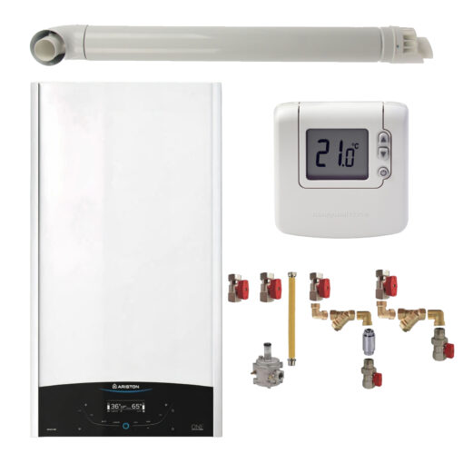 Pachet centrala termica in condensare Ariston GENUS ONE+ WI-FI 24, 24 kW, gaz natural + GPL, murala, kit montaj complet RTM, termostat Honeywell DT92 si kit evacuare RTM incluse