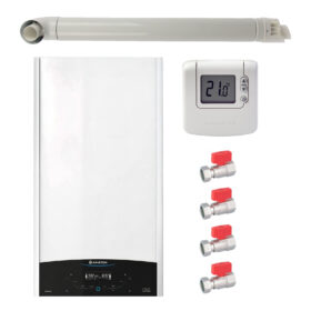 Pachet centrala termica murala Ariston GENUS ONE+ System 30 kW, in condensare, doar încălzire, termostat Honeywell Wireless DT92, set robineti Fornara si kit de evacuare RTM incluse