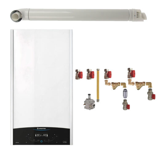 Pachet centrala termica murala Ariston GENUS ONE+ System 24 kW, in condensare, doar încălzire, gaz natural + GPL, cu kit montaj complet RTM si kit de evacuare RTM incluse