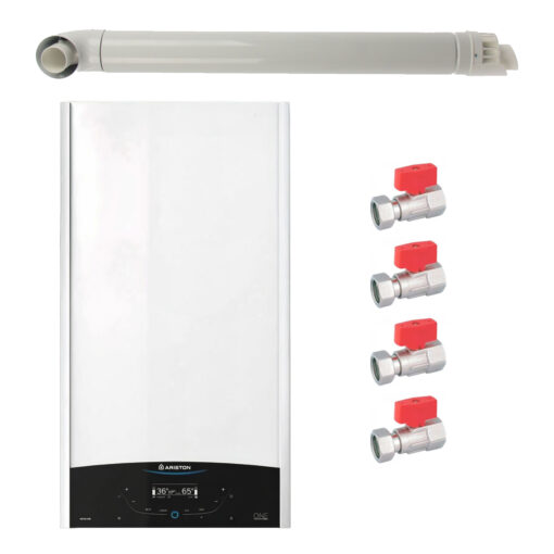 Pachet centrala termica murala Ariston GENUS ONE+ System 30 kW, in condensare, doar încălzire, gaz natural + GPL, cu set robineti Fornara si kit de evacuare RTM incluse