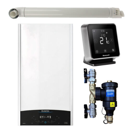 Pachet centrala termica murala Ariston GENUS ONE+ System 35 kW, in condensare, doar încălzire, termostat Wi-Fi Honeywell Lyric T6R, filtru antimagnetita CALEFFI Dirtmag si kit de evacuare RTM incluse
