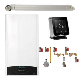 Pachet centrala termica in condensare Ariston GENUS ONE+ WI-FI 30, 30 kW, gaz natural + GPL, termostat Wi-Fi Honeywell Lyric T6R, kit montaj complet RTM si kit evacuare RTM incluse