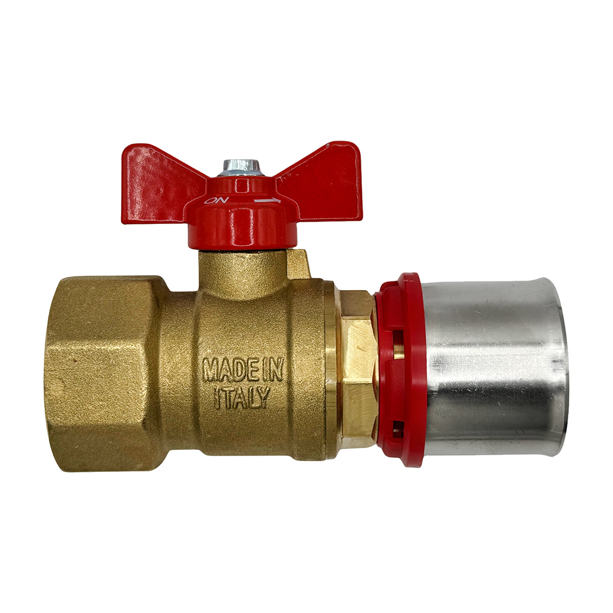 Robinet cu sfera pentru sertizare, 20 mm x 3/4″ filet interior, cu fluture roșu, RTM Ricambi