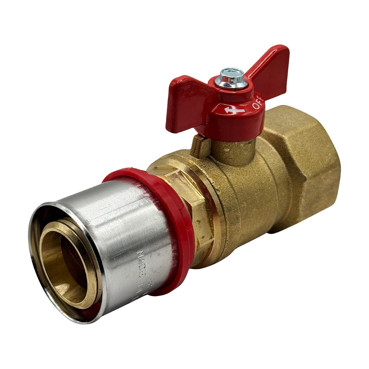 Robinet cu sfera pentru sertizare, 20 mm x 3/4″ filet interior, cu fluture roșu, RTM Ricambi - imagine 3