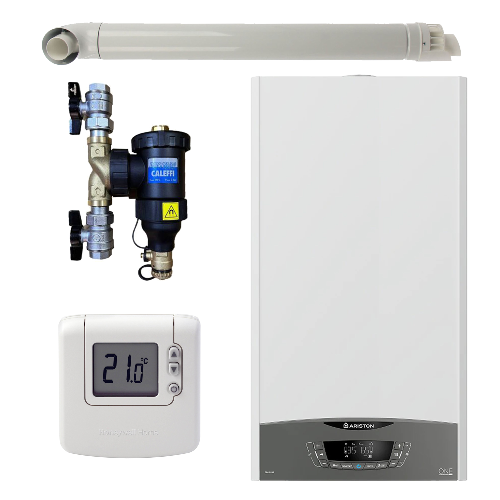 Pachet centrala termica murala Ariston CLAS ONE System 24 kW, in condensare, doar încălzire, termostat Honeywell Wireless DT92, filtru antimagnetita CALEFFI Dirtmag si kit de evacuare RTM incluse