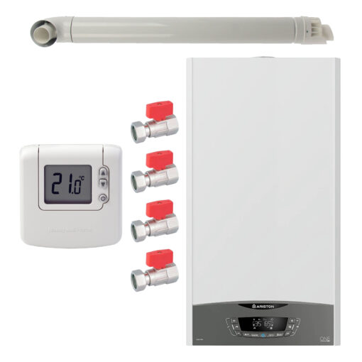 Pachet centrala termica murala Ariston CLAS ONE System 35 kW, in condensare, doar încălzire, termostat Honeywell Wireless DT92, set robineti Fornara si kit de evacuare RTM incluse