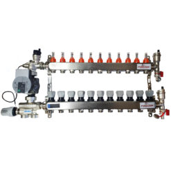 Set distribuitor pardoseala RTM cu 11 cai, 3/4", cu grup amestec Emmeti cu pompa Wilo Para 25/6 si kit aerisitor incluse
