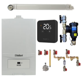 Pachet centrala termica Vaillant VUW 286/7-2 ecoTEC Pure 28 kW, gaz natural + GPL, termostat Honeywell DT4R, filtru antimagnetita Caleffi Dirtmag 3/4", kit montaj complet RTM si kit evacuare incluse