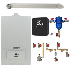 Pachet centrala termica Vaillant VUW 286/7-2 ecoTEC Pure 28 kW, gaz natural + GPL, termostat Honeywell DT4R, filtru antimagnetita RTM 3/4", kit montaj complet RTM si kit evacuare incluse