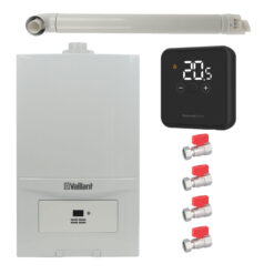 Pachet centrala termica Vaillant VUW 286/7-2 ecoTEC Pure 28 kW, gaz natural + GPL, termostat Honeywell DT4R, set robineti Fornara si kit evacuare RTM incluse