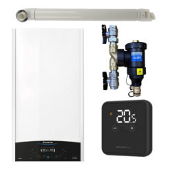 Pachet centrala termica murala Ariston GENUS ONE+ System 24 kW, in condensare, doar încălzire, termostat Honeywell Wireless DT4R, filtru antimagnetita CALEFFI Dirtmag si kit de evacuare RTM incluse