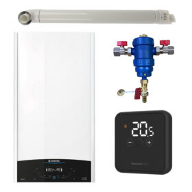 Pachet centrala termica murala Ariston GENUS ONE+ System 35 kW, in condensare, doar încălzire, termostat Honeywell Wireless DT4R, filtru antimagnetita RTM 3/4" si kit de evacuare RTM incluse