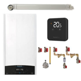 Pachet centrala termica murala Ariston GENUS ONE+ System 30 kW, in condensare, doar încălzire, termostat Honeywell Wireless DT4R, kit montaj complet RTM si kit de evacuare RTM incluse