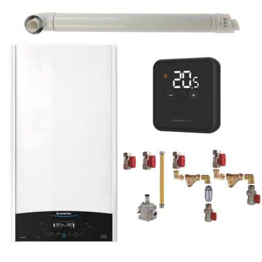 Pachet centrala termica murala Ariston GENUS ONE+ System 30 kW, in condensare, doar încălzire, termostat Honeywell Wireless DT4R, kit montaj complet RTM si kit de evacuare RTM incluse