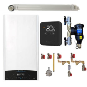 Pachet centrala termica in condensare Ariston GENUS ONE+ WI-FI 24, 24 kW, gaz natural + GPL, termostat Honeywell DT4R, filtru antimagnetita Caleffi Dirtmag 3/4", kit montaj complet RTM si kit evacuare incluse