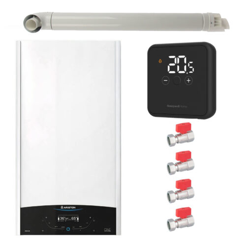 Pachet centrala termica murala Ariston GENUS ONE+ System 24 kW, in condensare, doar încălzire, termostat Honeywell Wireless DT4R, set robineti Fornara si kit de evacuare RTM incluse