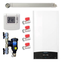 Pachet centrala termica Ariston GENUS ONE+ System 30 kW, doar încălzire, doar încălzire, termostat Honeywell Wireless DT92, cu filtru antimagnetita CALEFFI Dirtmag, set robineti Fornara si kit de evacuare RTM incluse