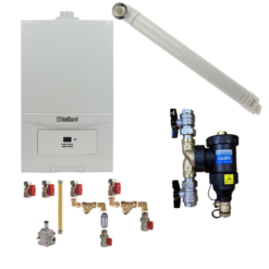 Pachet centrala termica Vaillant VUW 286/7-2 ecoTEC Pure 28 kW, kit evacuare, filtru antimagnetita Caleffi Dirtmag 3/4" si kit montaj complet RTM incluse