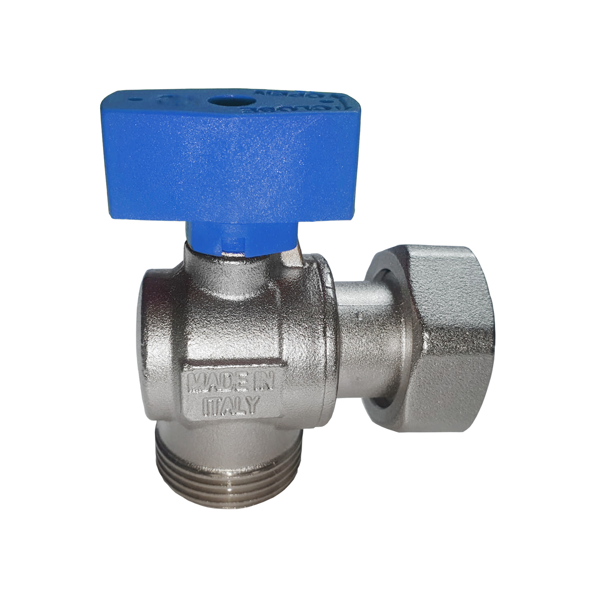 Robinet coltar cu semiolandez 1", MF, rozeta albastra, nichelat, RTM
