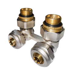 Robinet dublu pentru calorifer, tip H, coltar, 3/4" MF, cu nipluri adaptoare si conectori EK20, RTM