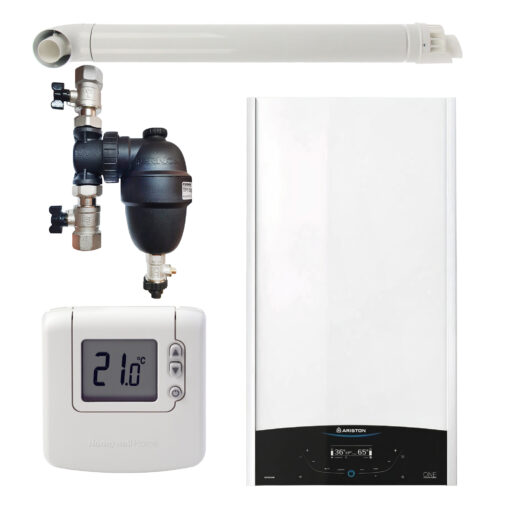 Pachet centrala termica murala Ariston GENUS ONE+ System 24 kW, in condensare, doar încălzire, termostat Honeywell Wireless DT92, filtru antimagnetita Fernox TF1 si kit de evacuare RTM incluse