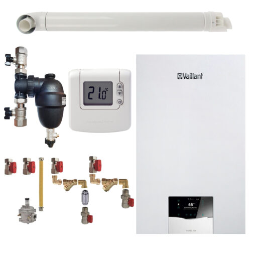 Pachet centrala termica Vaillant VUW 26CS/1-5 ecoTEC Plus 21 kW, termostat Honeywell wireless DT92, filtru antimagnetita Fernox F1 Sigma, kit montaj complet RTM si kit evacuare RTM incluse