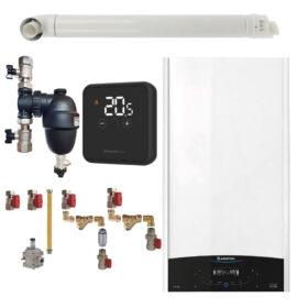 Pachet centrala termica in condensare Ariston GENUS ONE+ WI-FI 24, 24 kW, gaz natural + GPL, WI-FI, termostat Honeywell wireless DT4R, filtru antimagnetita Fernox F1 Sigma, kit montaj complet RTM si kit evacuare RTM incluse