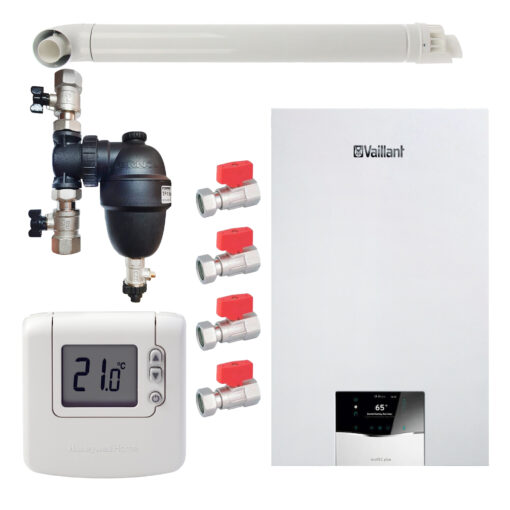 Pachet centrala termica Vaillant VUW 40CS/1-5 ecoTEC Plus 37.7 kW, termostat Honeywell wireless DT92, filtru antimagnetita Fernox F1 Sigma, set robineti Fornara si kit evacuare RTM incluse