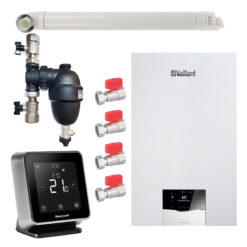 Pachet centrala termica Vaillant VUW 26CS/1-5 ecoTEC Plus 21 kW, termostat Wi-Fi Honeywell Lyric T6R, filtru antimagnetita Fernox F1 Sigma, set robineti Fornara si kit evacuare RTM incluse